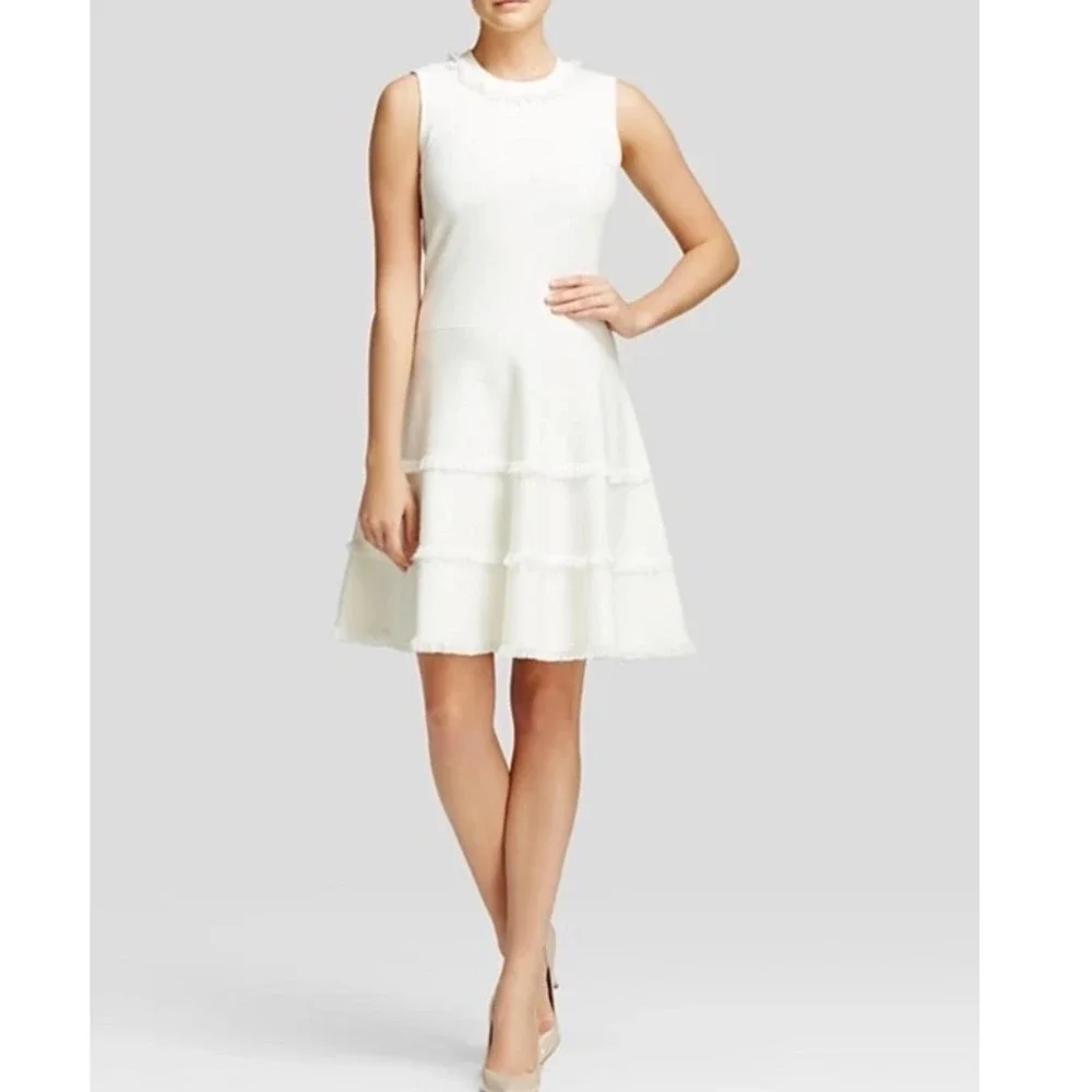 Kate Spade White Sleeveless Fringe Trim Tiered Knit Fit and Flare Dress Medium - Picture 3 of 15
